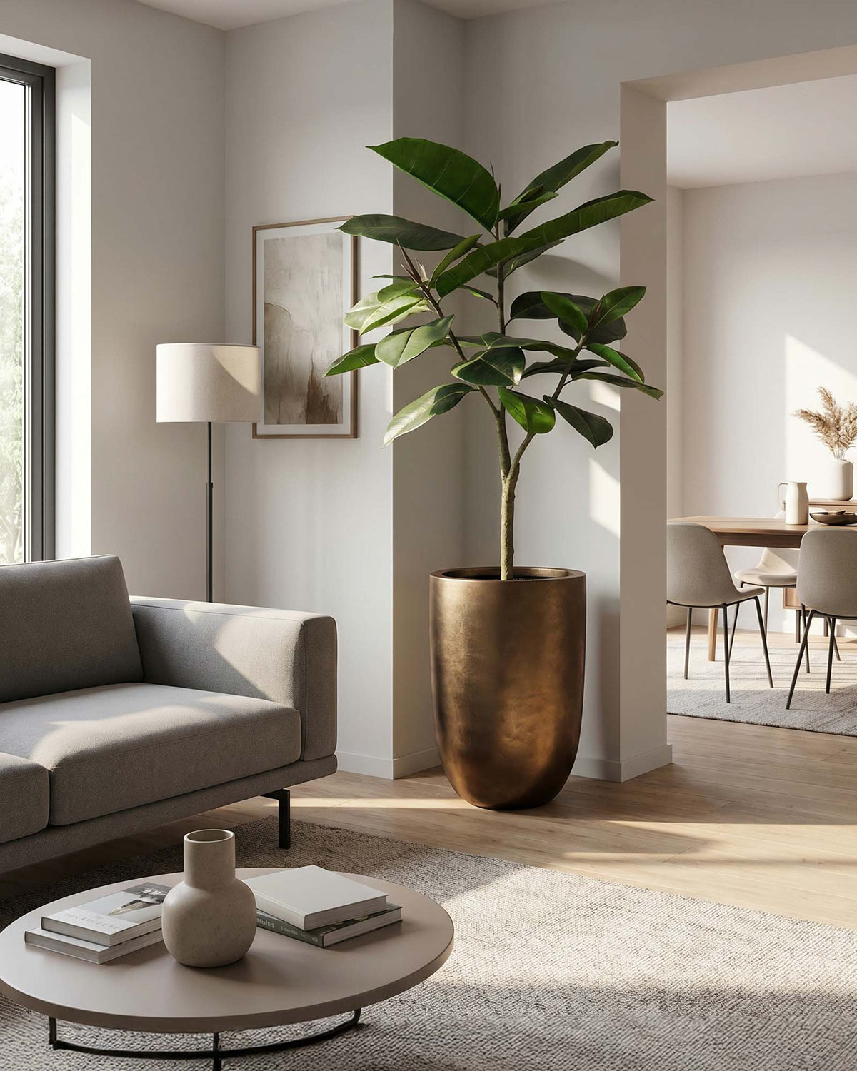 Noblesse Pflanzgefäß mit Ficus Elastica Gummibaum im Set Frontansicht für das Wohnzimmer