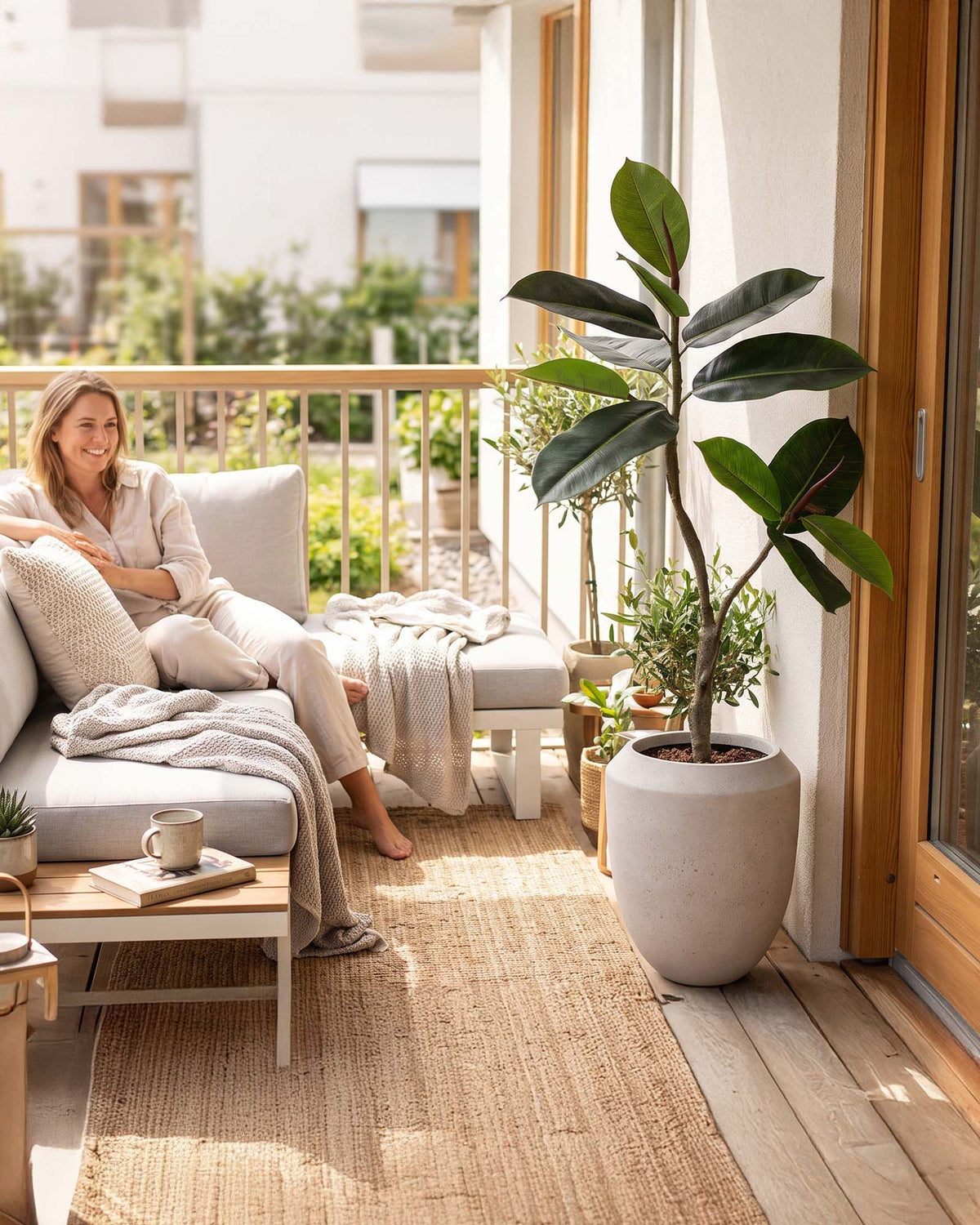 UV-stabiler Ficus Elastica von Get Your Green im Calmo Bodengefäß Frontansicht für den Outdoor-Bereich