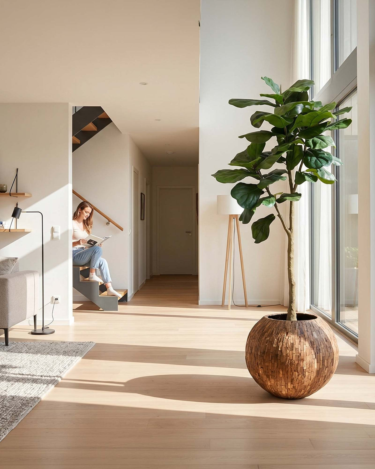 Große Geigenfeige Ficus lyrata Kunstpflanze UV-stabil und naturgetreu in der Frontansicht