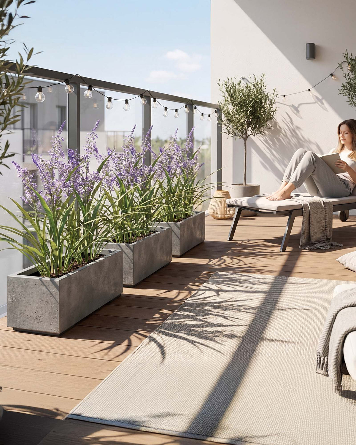 Künstlicher Lavendel im grauen Mono Pflanzkasten UV-stabil Get Your Green Frontansicht