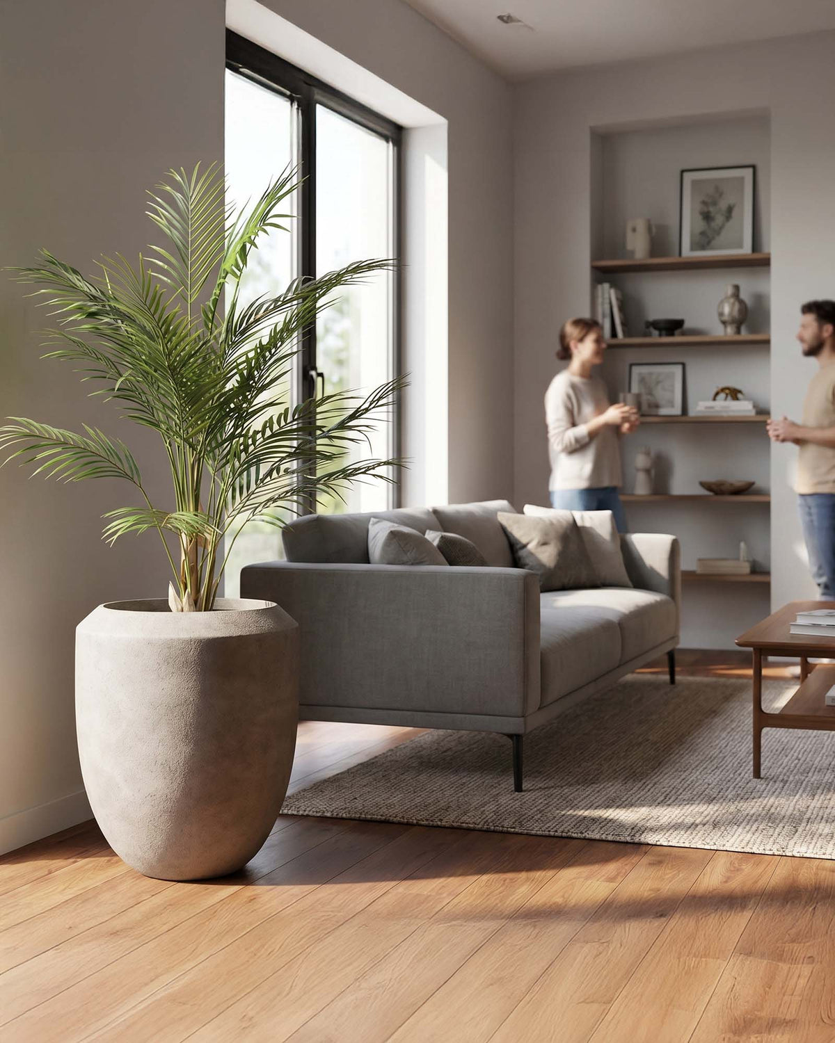Set aus Calmo Bodengefäß in Gold und Goldfruchtpalme Frontansicht für das Wohnzimmer