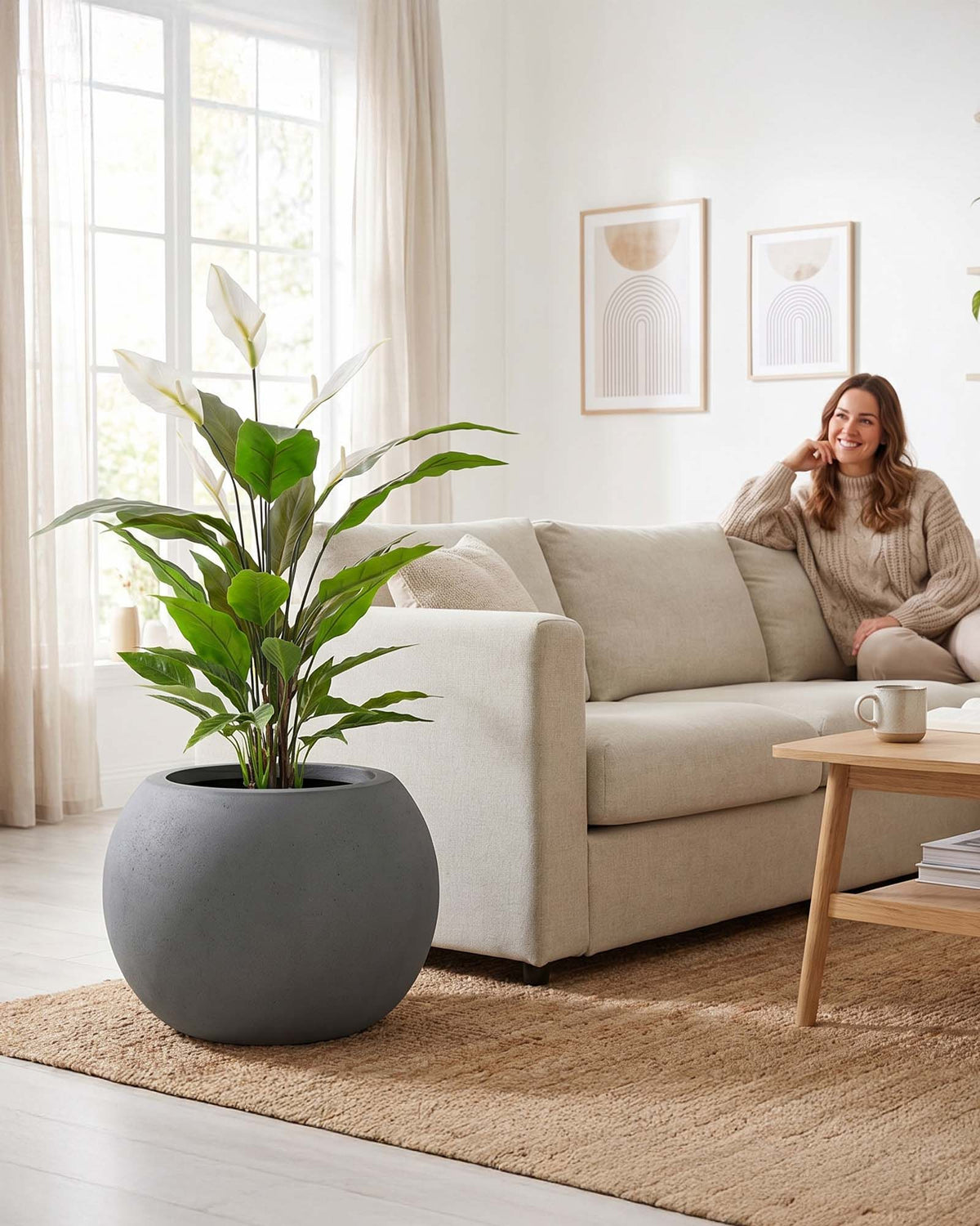 Basalo Globe Pflanzgefäß mit Einblatt Spathiphyllum im Set Frontansicht für das Wohnzimmer