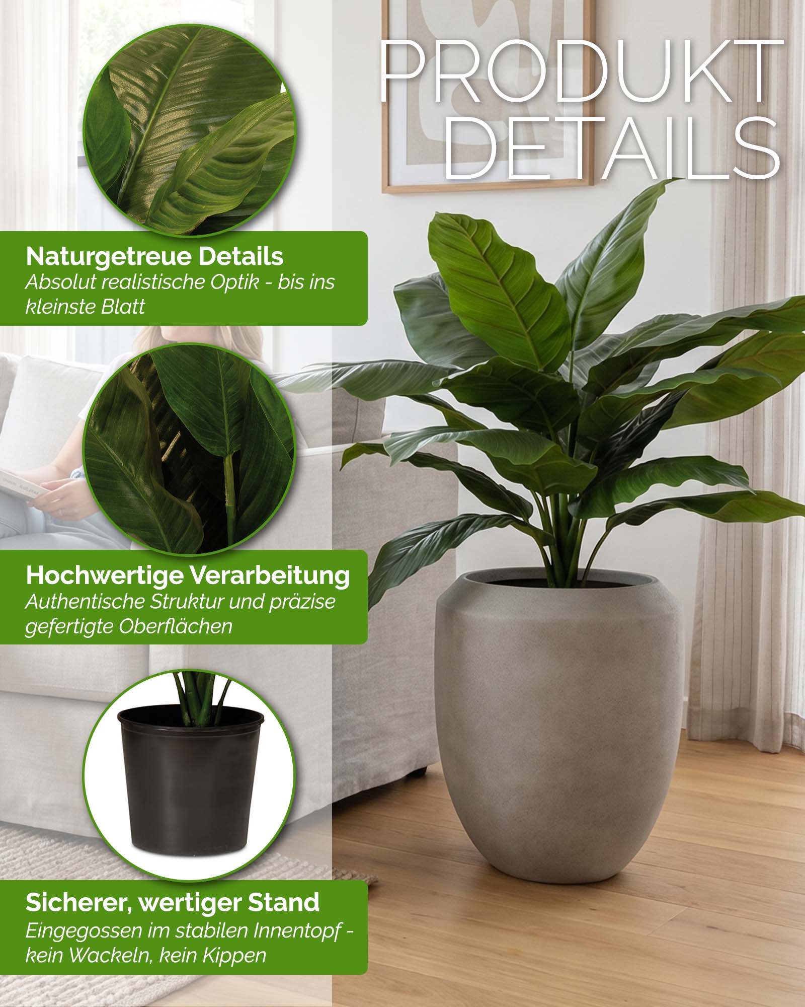 Detailansicht der weißen Blütenkolben einer Einblatt Spathiphyllum Kunstpflanze mit grünen Blättern