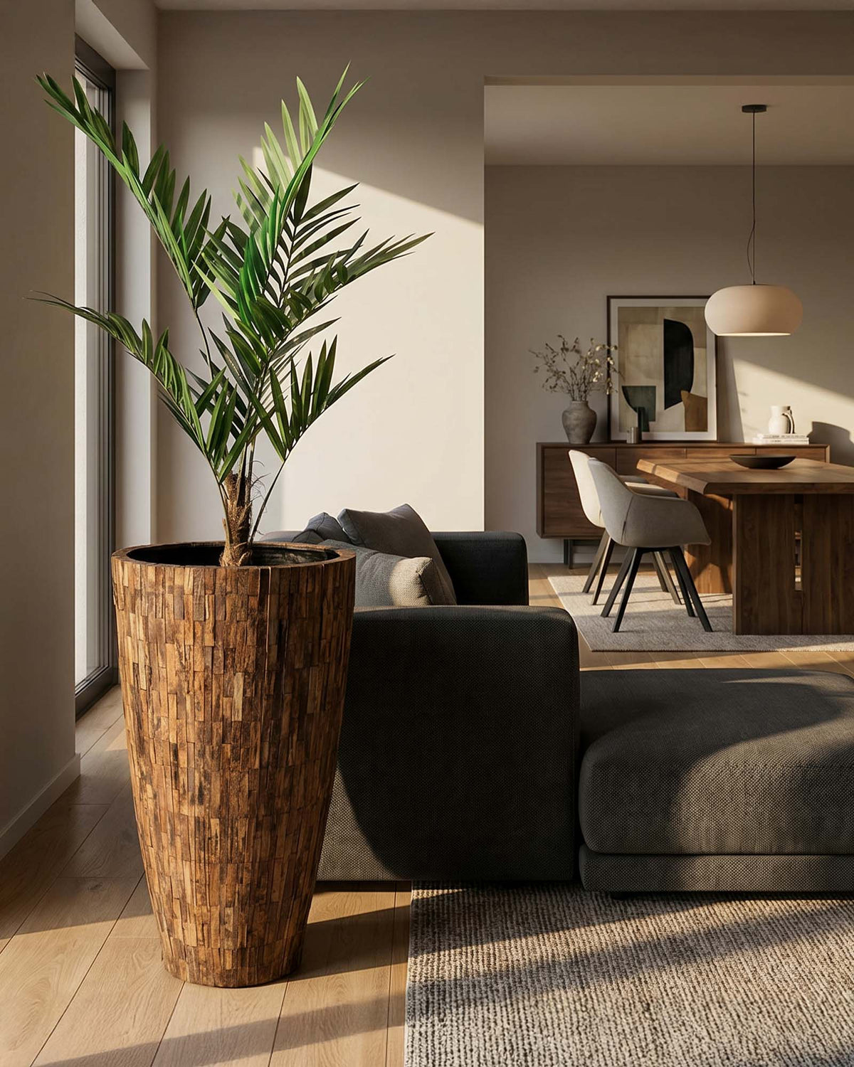 Ligno Pflanzgefäß mit Kentia Palme im Set Frontansicht für das Wohnzimmer