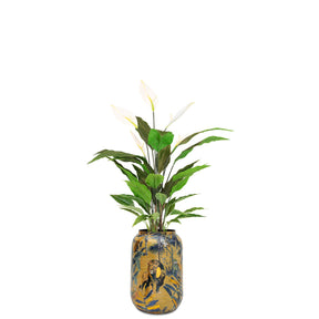 Künstliches Einblatt in goldener Designbodenvase UV-stabil für den Flur Detailansicht