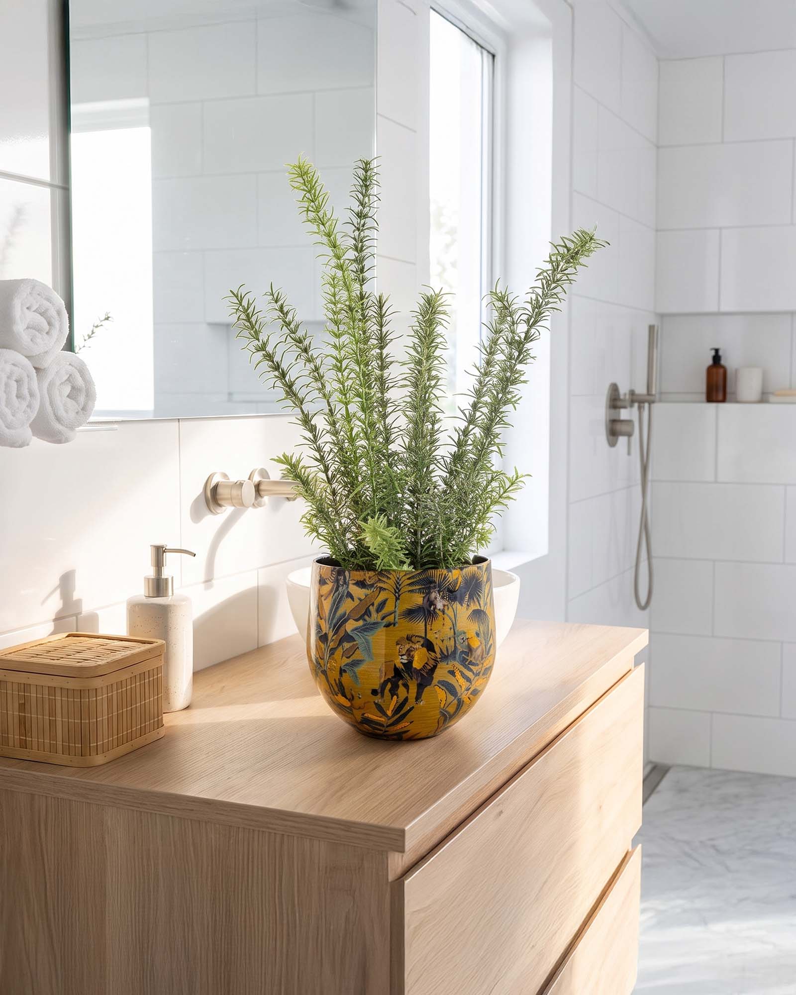 UV-stabiler künstlicher Rosmarin im goldenen Designtischgefäß aus recyceltem Material Frontansicht Get Your Green