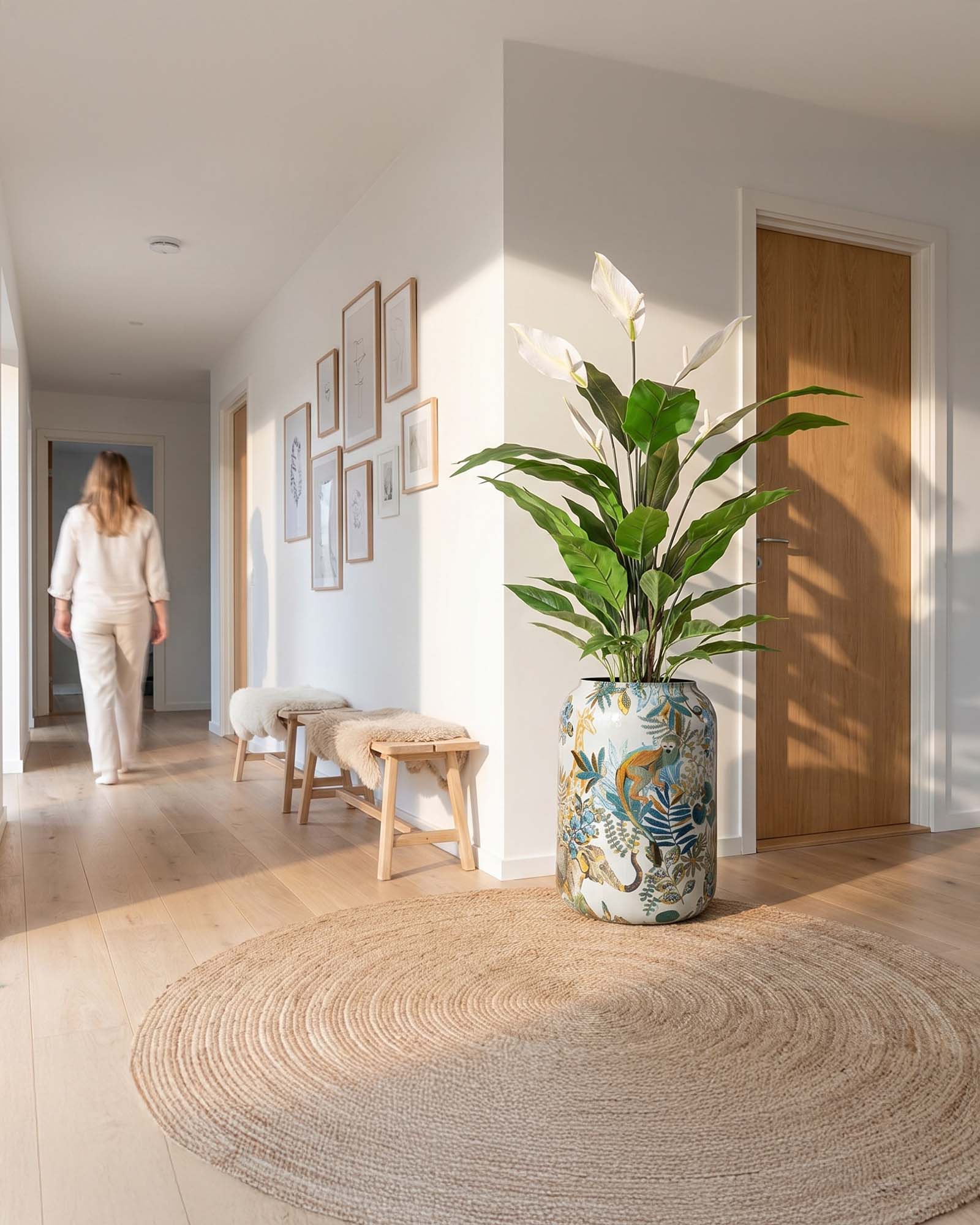 Künstliches Einblatt in Designbodenvase UV-stabil für den Flur Frontansicht natürliche Eleganz ohne Pflegeaufwand