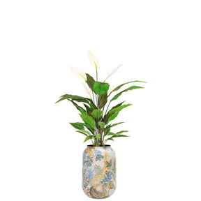 Detailansicht Einblatt Kunstpflanze in Designbodenvase mit UV-stabilen Blättern für den Flur