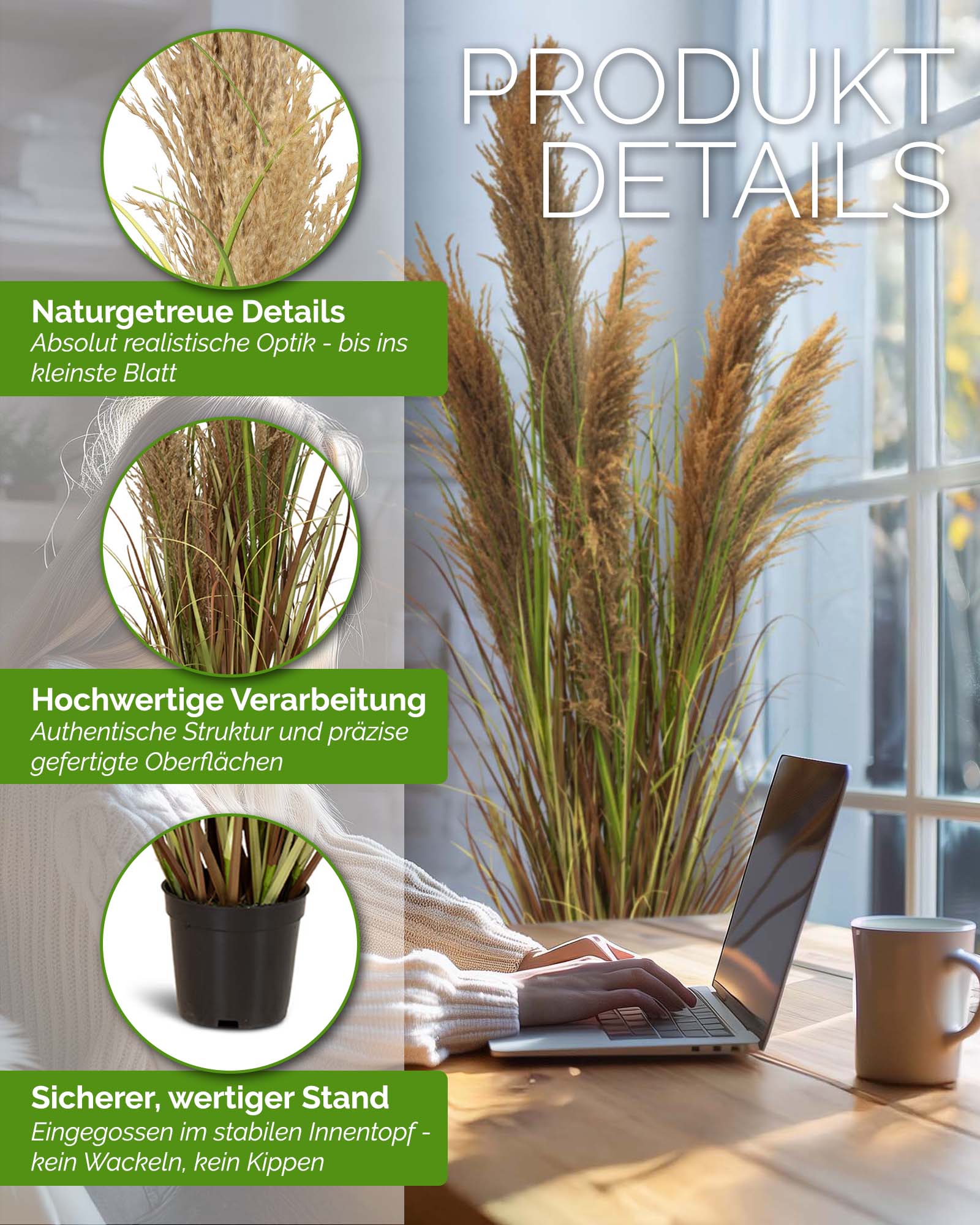 Großes Pampasgras Cortaderia als Kunstpflanze in der Detailansicht für natürliche Eleganz ohne Pflegeaufwand