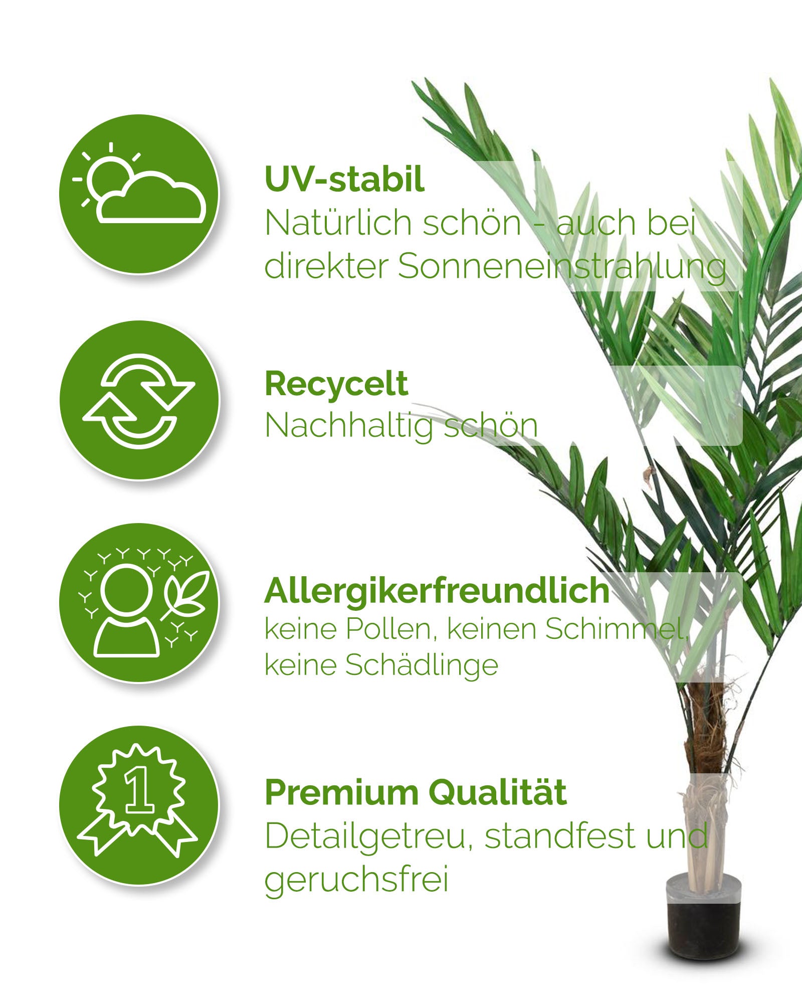Detailansicht der Forsterschen Kentia Kunstpalme mit UV-stabilen Blättern aus recyceltem Material.