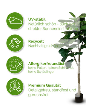 Detailansicht der UV-stabilen Geigenfeige Kunstpflanze mit naturgetreuen Blättern aus recyceltem Material
