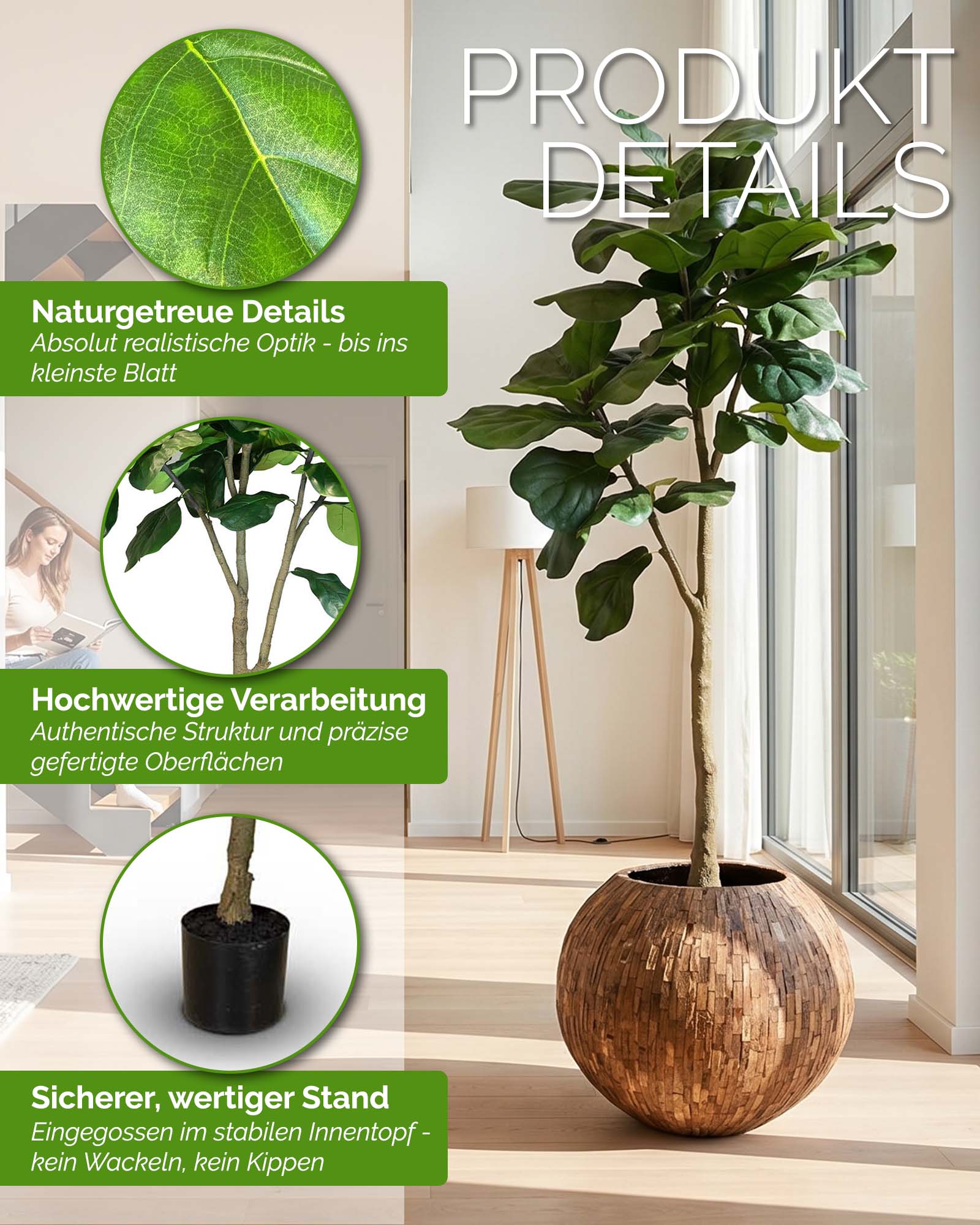Große Geigenfeige Ficus lyrata Kunstpflanze UV-stabil und langlebig Detailansicht der Blattstruktur