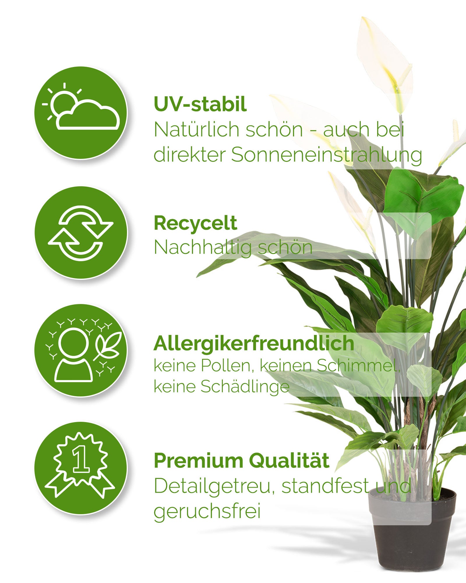 Detailansicht der blühenden Einblatt Spathiphyllum Kunstpflanze mit UV-stabilen Blättern und Blüten