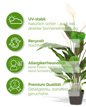 Detailansicht der blühenden Einblatt Spathiphyllum Kunstpflanze mit UV-stabilen Blättern und Blüten