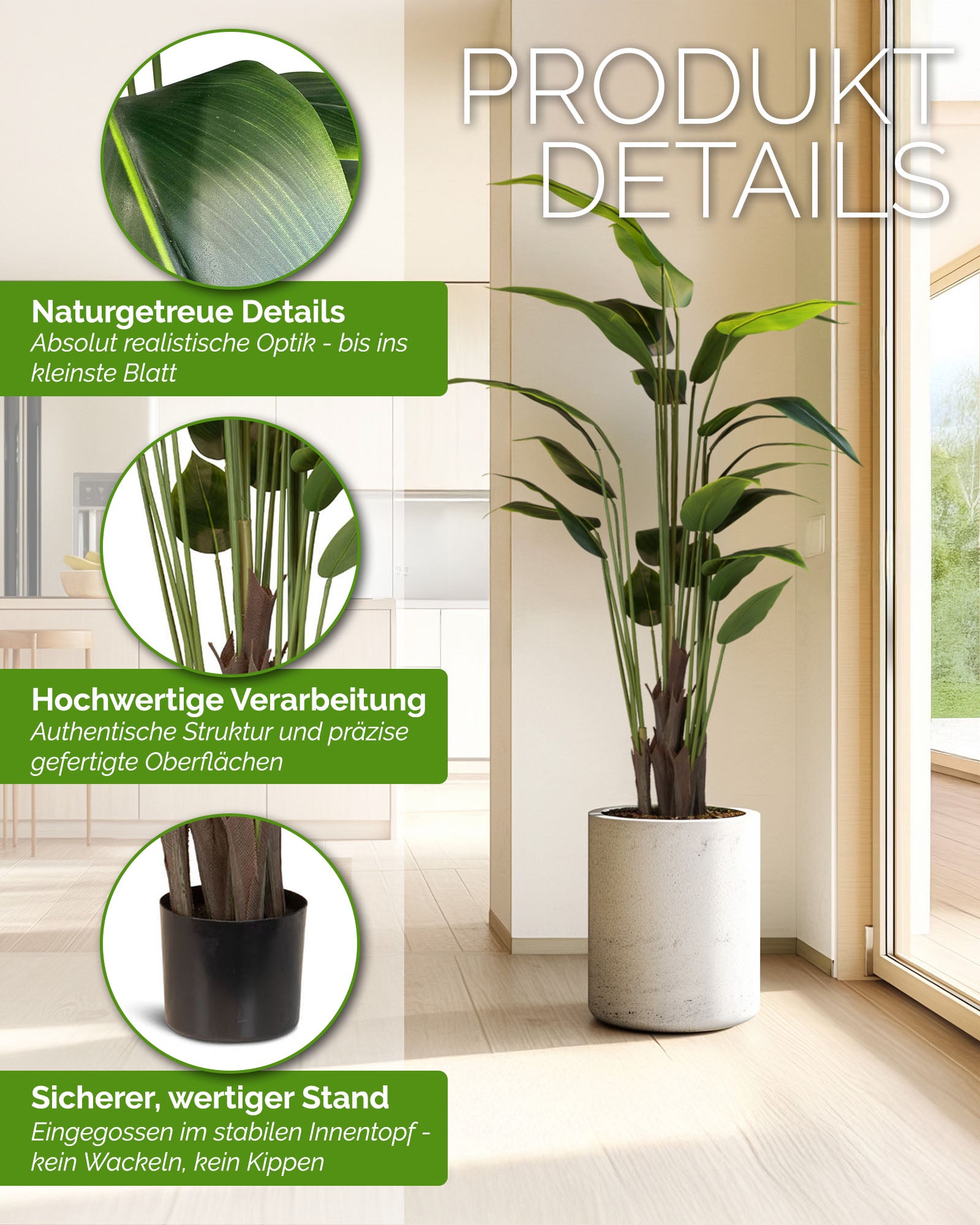Große Bananenpflanze Musa Kunstpflanze von Get Your Green Detailansicht der Blätter aus recycelten Materialien