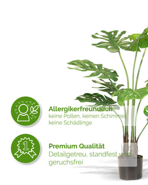 Detailansicht der großen Monstera Kunstpflanze mit naturgetreuer Blattstruktur für zeitlose Eleganz
