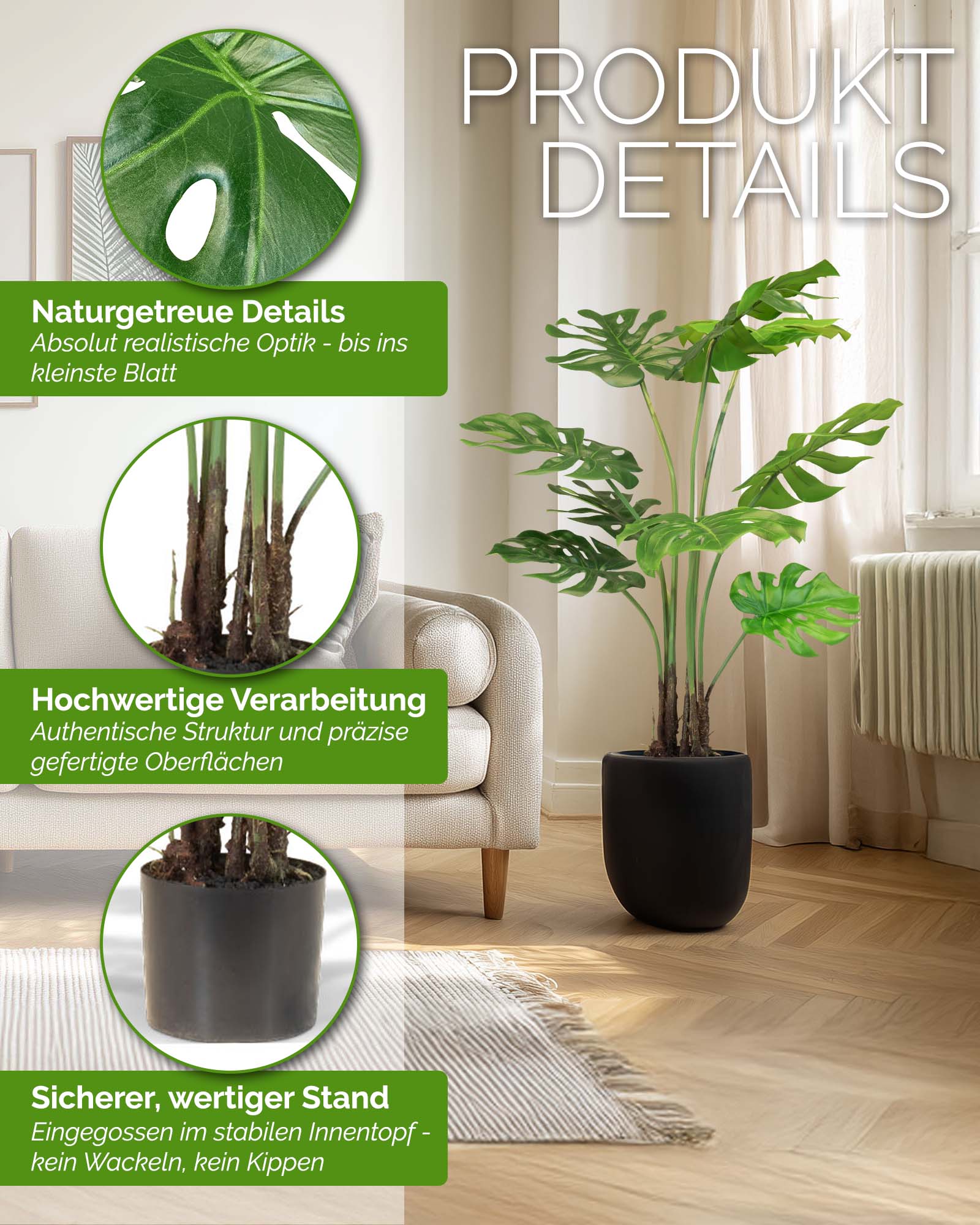 Große Monstera Kunstpflanze Fensterblatt Detailansicht der naturgetreuen Blätter in Real-Touch-Optik