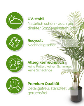 Detailansicht der UV-stabilen Goldfruchtpalme Areca Kunstpflanze aus recyceltem Material für zeitlose Eleganz.