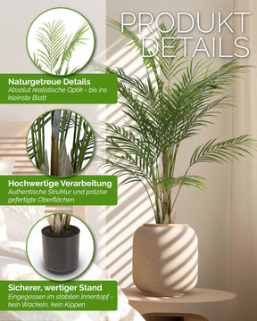 Große UV-stabile Goldfruchtpalme Areca Kunstpflanze Detailansicht der naturgetreuen Palmwedel aus recyceltem Material