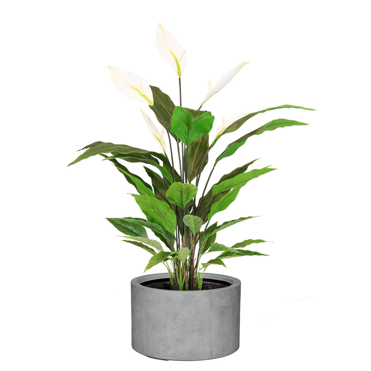 UV-stabile künstliche Spathiphyllum in recycelter Bodenvase von Get Your Green Seitenansicht