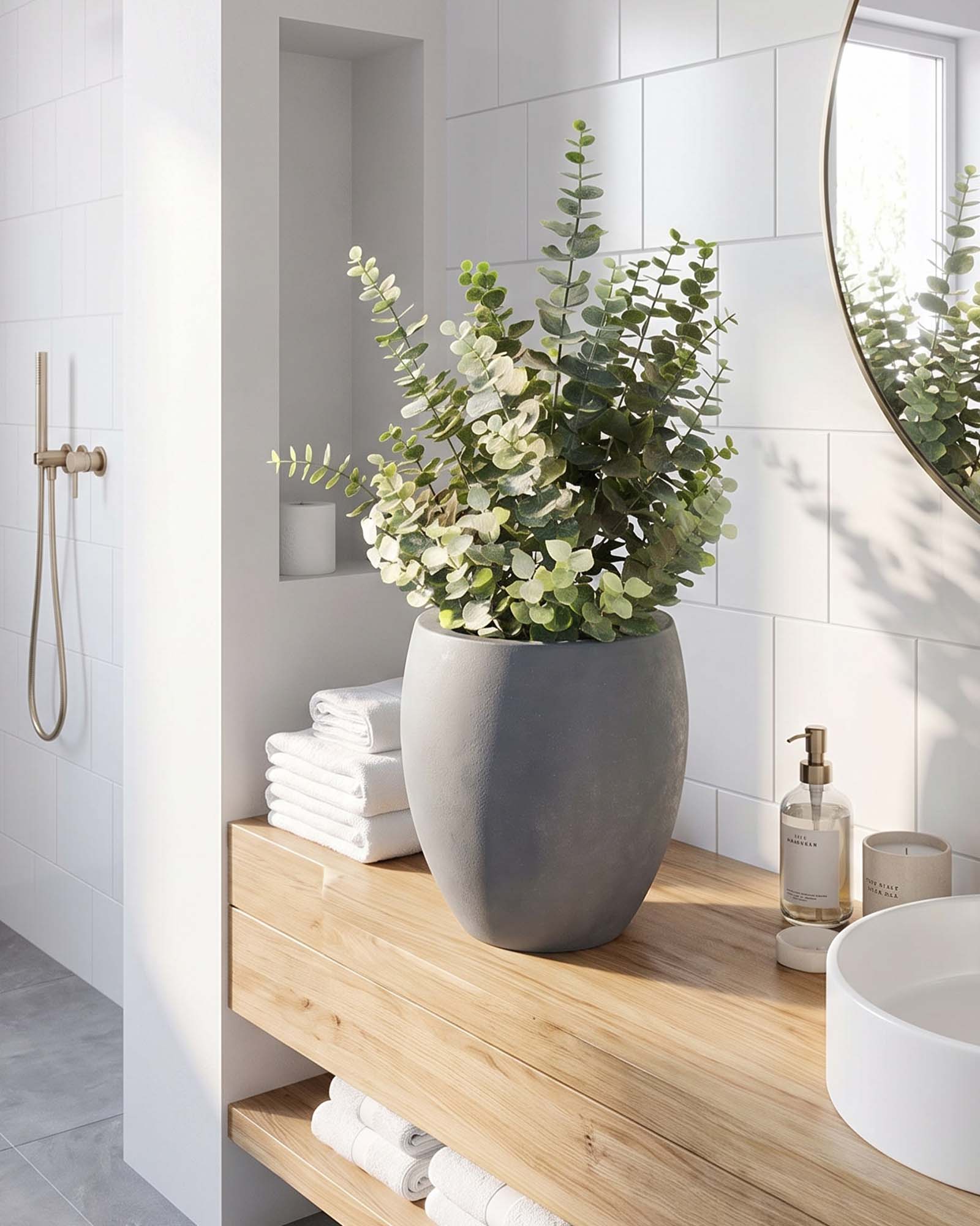 Künstlicher Eucalyptus im grauen Mono Bodengefäß von Get Your Green Frontansicht UV-stabil