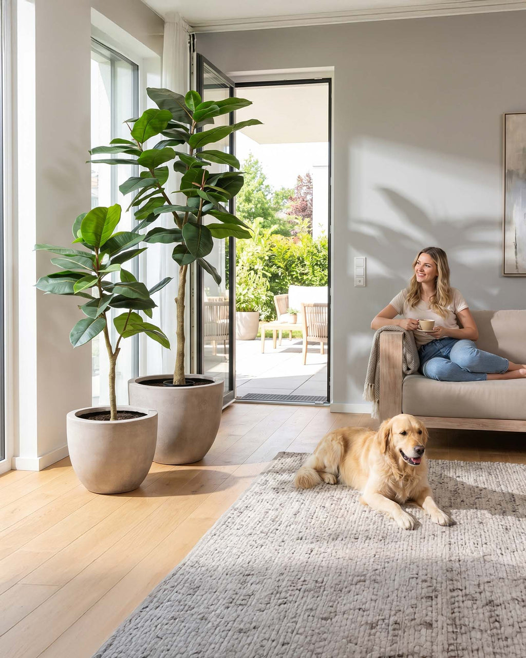 UV-stabiler Ficus Elastica Gummibaum als naturgetreue Kunstpflanze in der Frontansicht