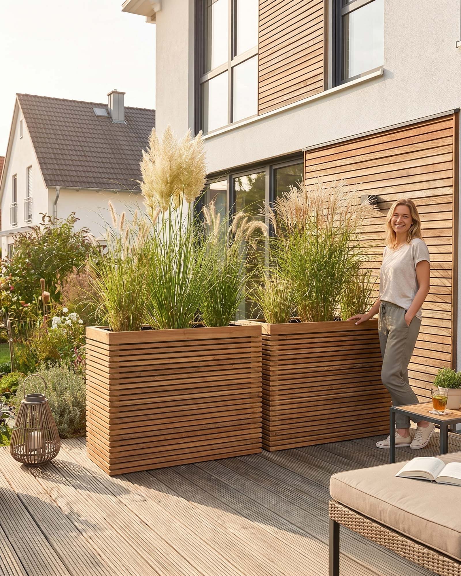 Teakline Raumteiler UV-stabil für Outdoor Einsatz in der Frontansicht für natürliche Eleganz